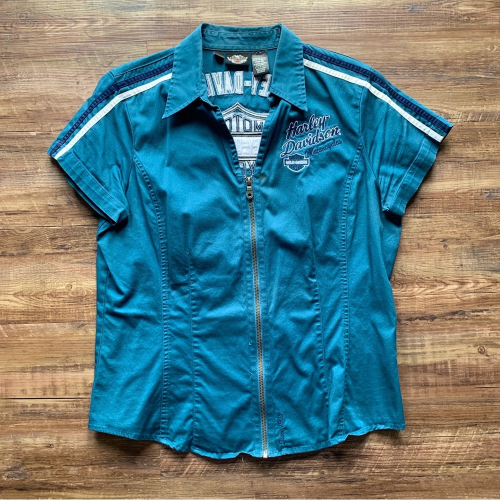 Harley Davidson Women’s Collared Elemental Zipper Blue Shirt Size Large